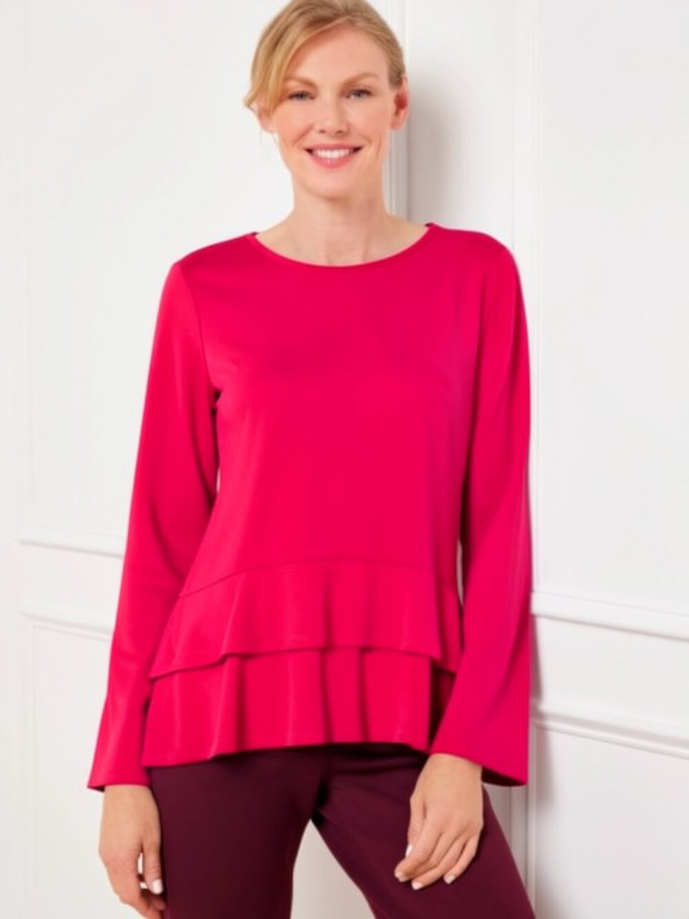 Ellen Tracy Womens Top Blouse Tunic Long Sleeves Ruffled hem Bright Red Size S